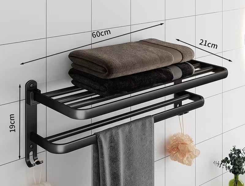 Foldable Metallic Bathroom Towel Holder Rack | 60x21x19cm Black - Adhesive & Screw Mount Options