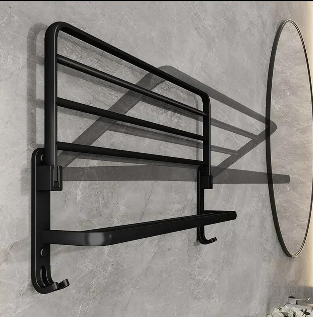 Foldable Metallic Bathroom Towel Holder Rack | 60x21x19cm Black - Adhesive & Screw Mount Options