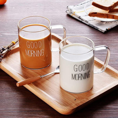 Stylish Good Morning Printed  Borosilicate Clear Glass Mug with Handle - 400ml Capacity | Juice, Tea, Coffee, Cocktails