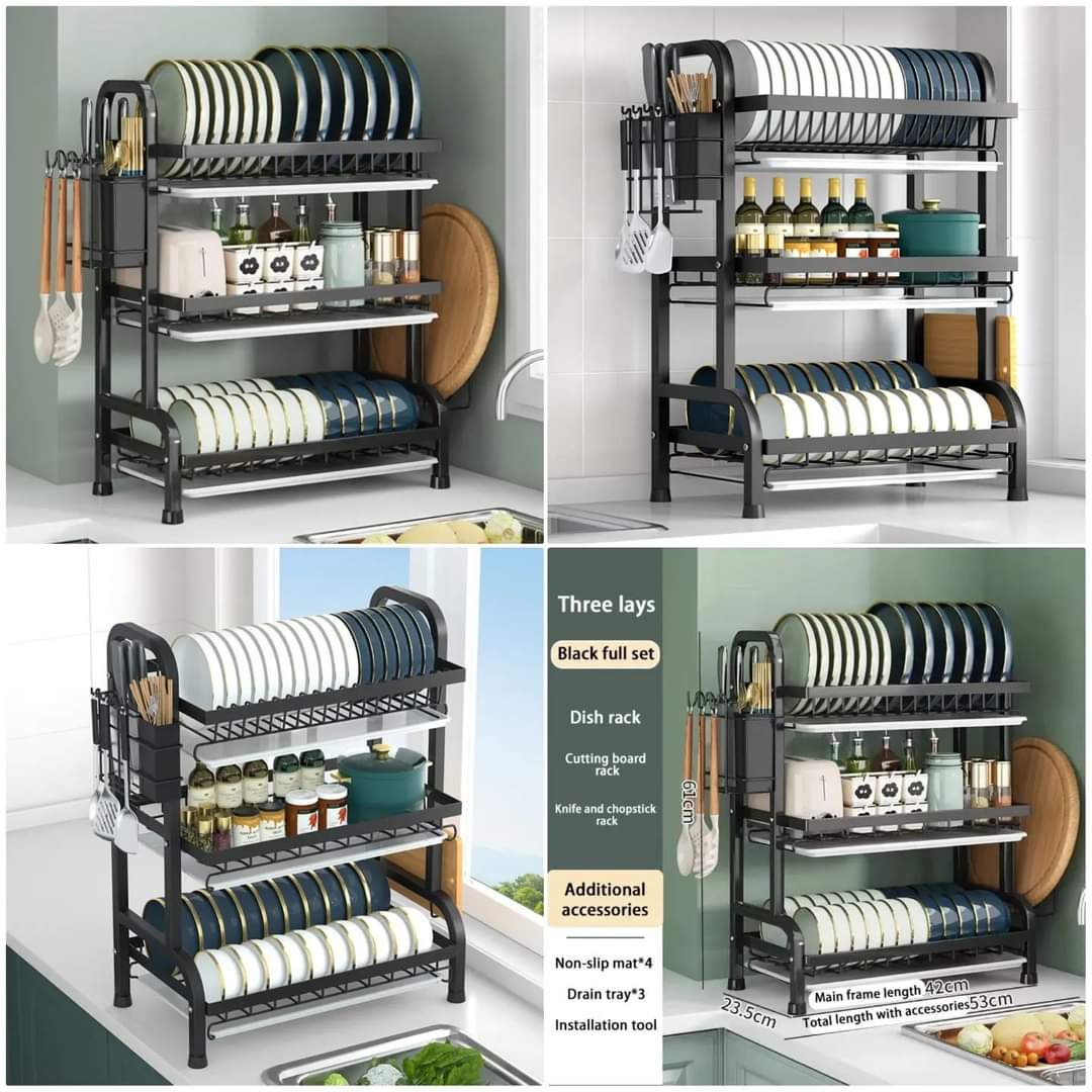 Carbon Steel Dish Rack with Cutlery Holder & Chopping Board Holder | 53 cm x 23.5 cm x 61 cm