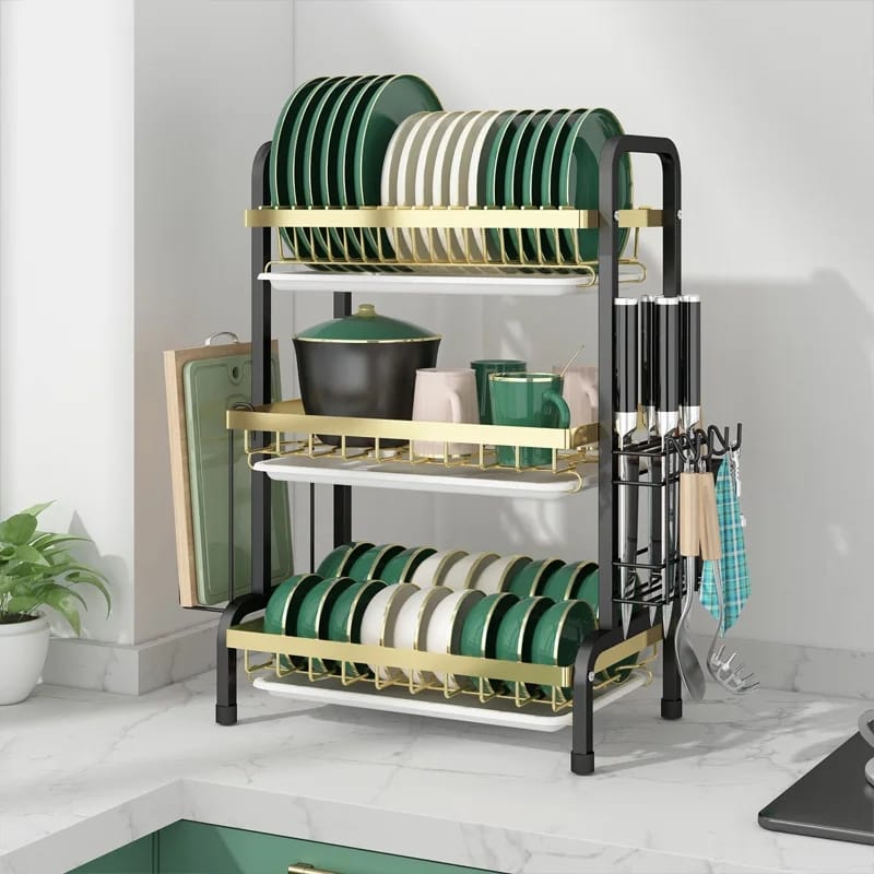 Carbon Steel Dish Rack with Cutlery Holder & Chopping Board Holder | 53 cm x 23.5 cm x 61 cm