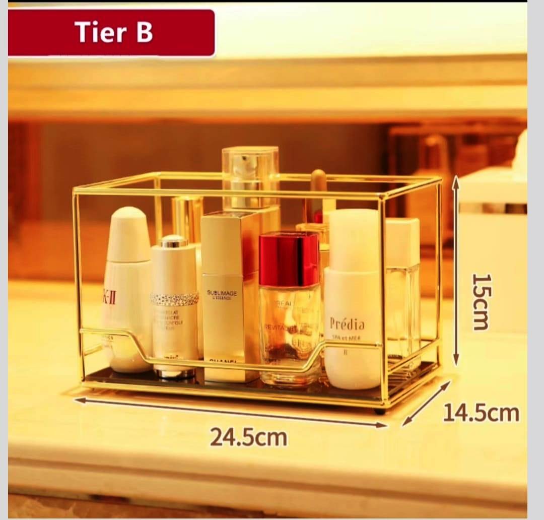 Multipurpose Acrylic Gold Plated Stainless Two Tier Vanity Organizer | Kitchen | Vanity | Bathroom