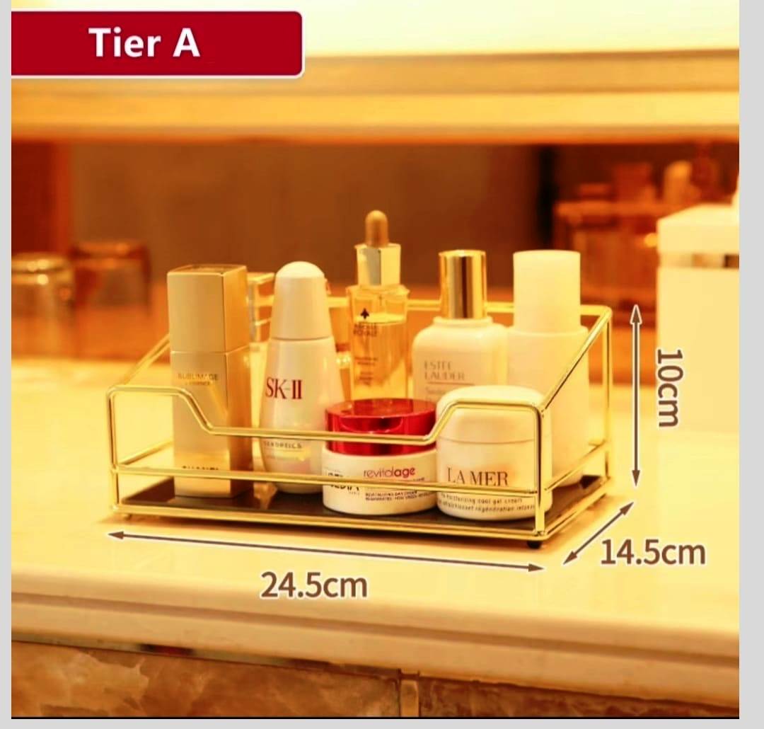 Multipurpose Acrylic Gold Plated Stainless Two Tier Vanity Organizer | Kitchen | Vanity | Bathroom