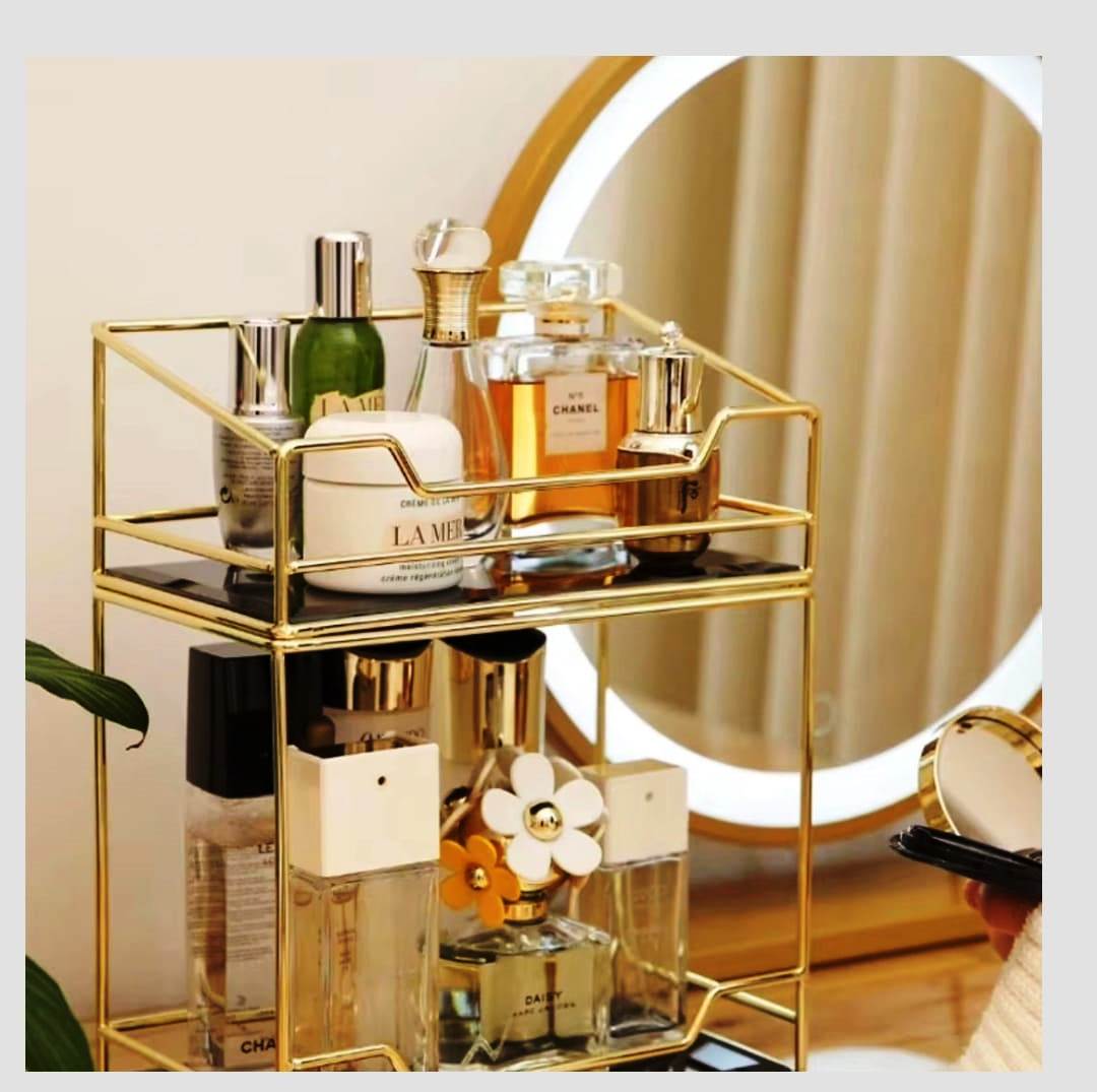 Multipurpose Acrylic Gold Plated Stainless Two Tier Vanity Organizer | Kitchen | Vanity | Bathroom