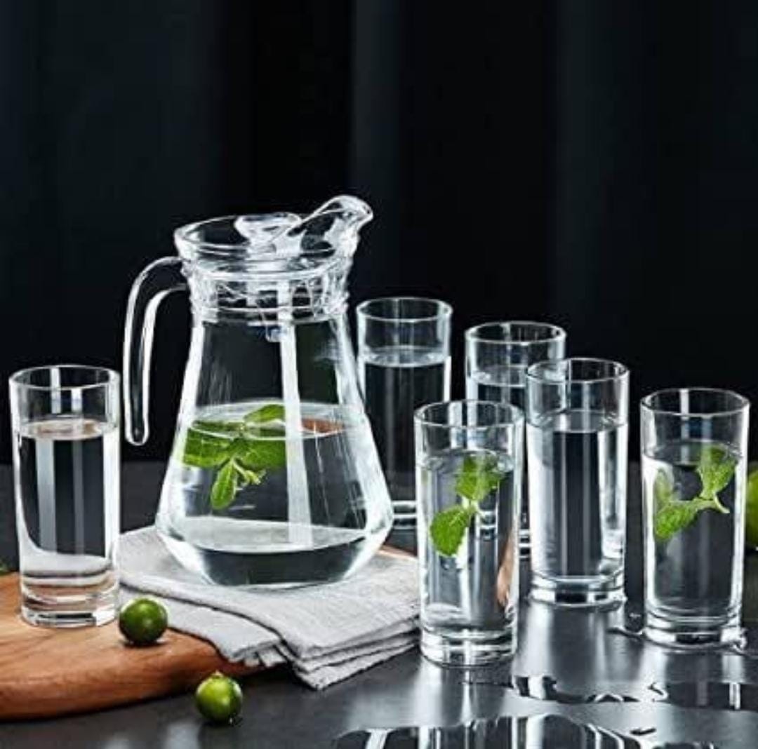 High Quality 6 Piece  Transparent Clear Glass Set with 1 Jug | Quality Tableware | Beverage | Juice | Water