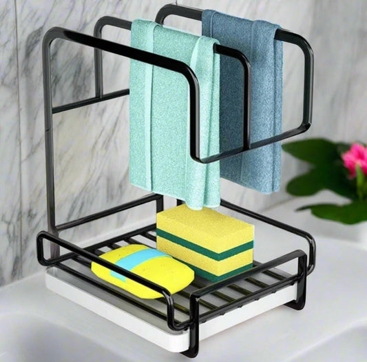 Durable Metallic Kitchen Sink Caddy with Draining Tray | Dishcloth Rack|Ideal for Sponge, Brush, Soap