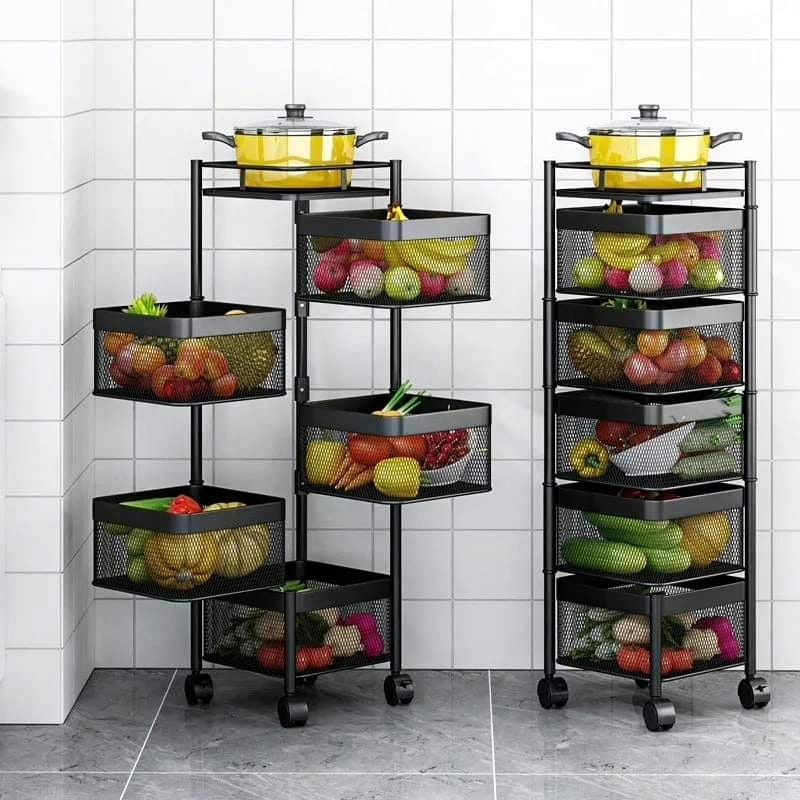 Rotating Multifunctional Storage Rack with Wheels | 30x30x90cm, Square Metal Design - Black