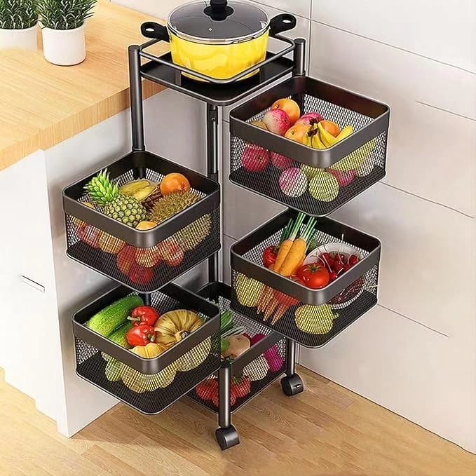 Rotating Multifunctional Storage Rack with Wheels | 30x30x90cm, Square Metal Design - Black