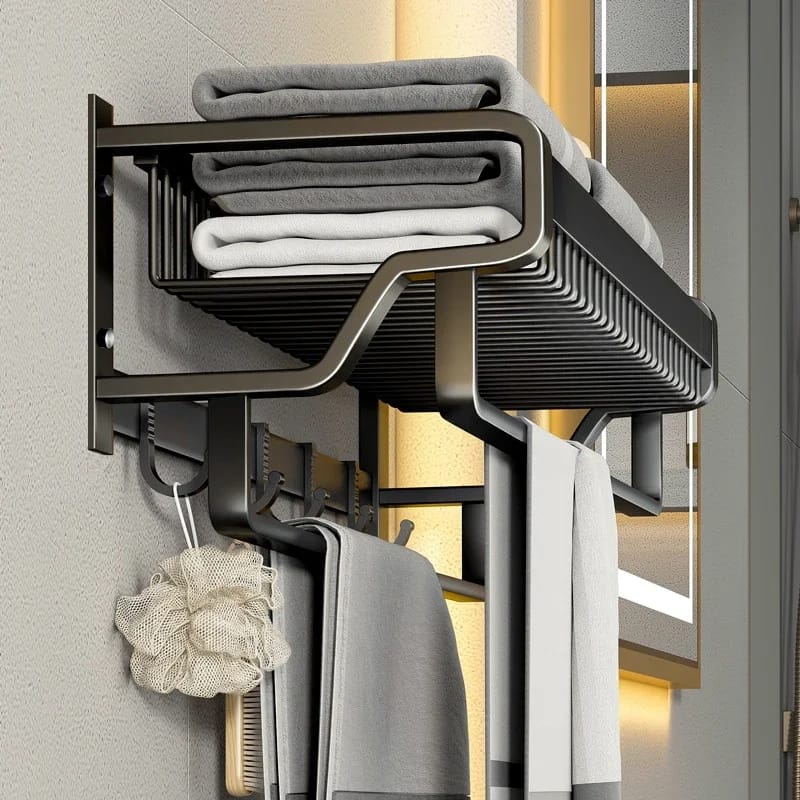 Bathroom Wall-Mounted Towel Rack Accessory with Hooks