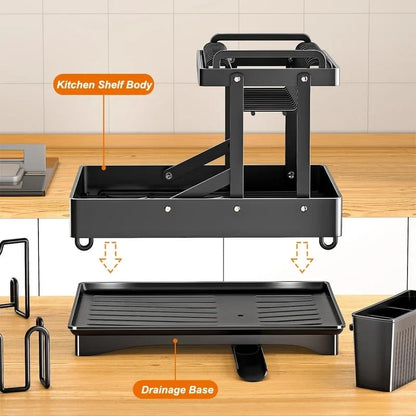 2 Tier Foldable Dish Drying Rack with Drip Tray | 42x32x30cm, Carbon Steel with Chopping Board Rack & Spoon Holder