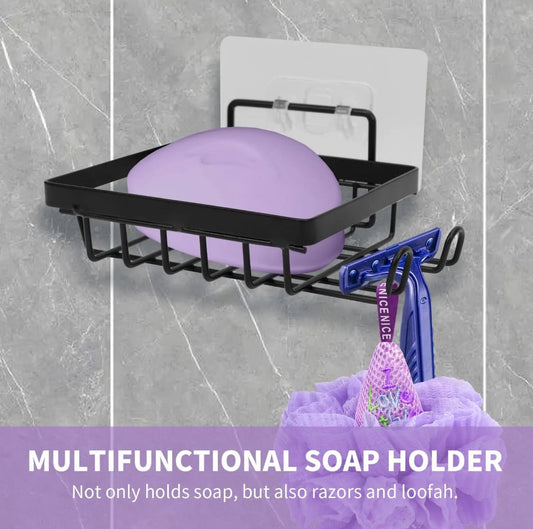 Multifunctional Wall Mounted Soap Dish with Hooks  | No Drill Shower Soap Bar Holder for Bathroom & Kitchen