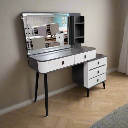 Modern Vanity Desk with LED Mirror | 100x40x145 cm, 4 Drawer Storage  |  White & Grey | Bedrooms,Dressing Rooms,  Studio Apartments, Beauty Salons