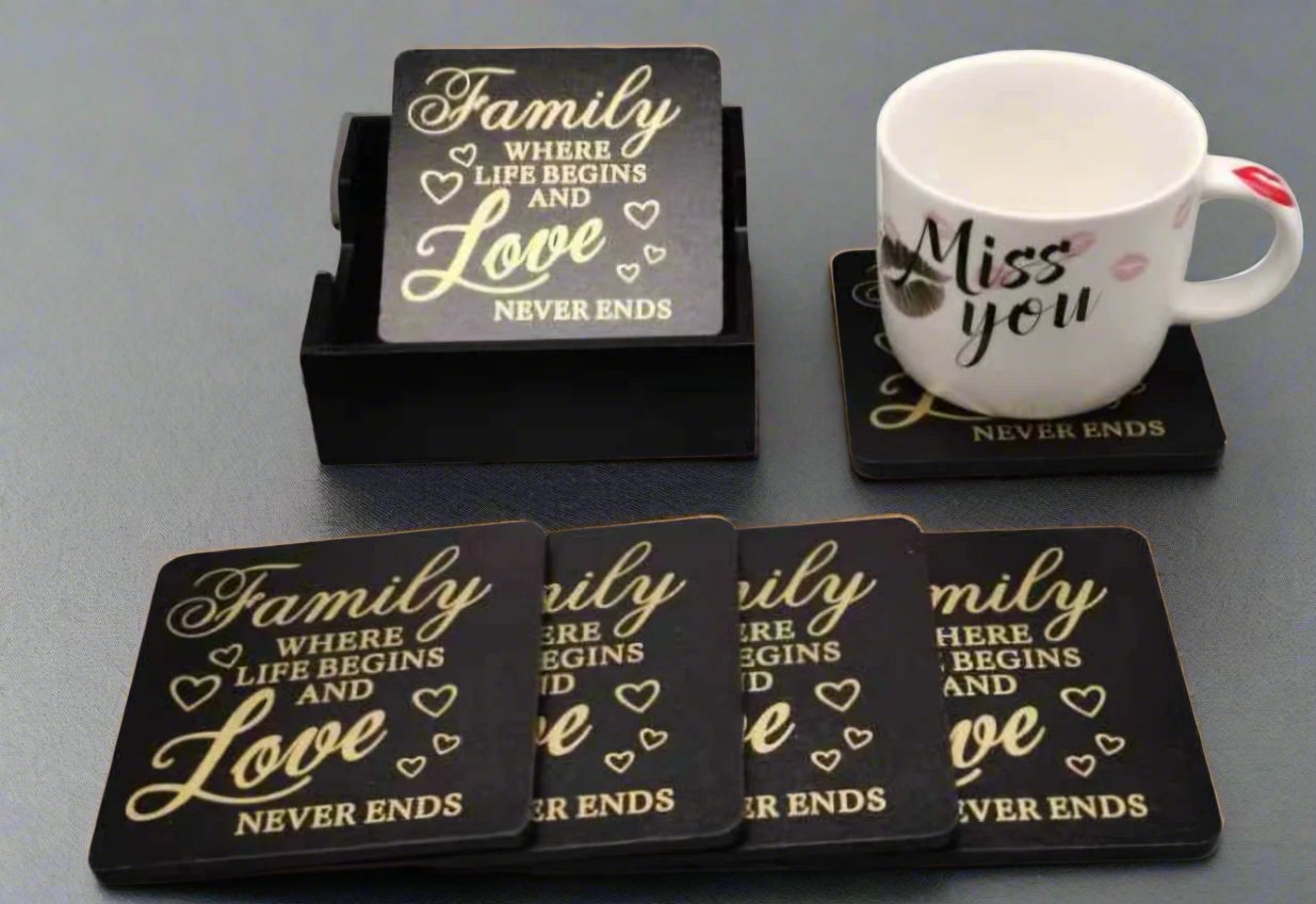 Family Write-Up Wooden Cup Coaster Set - 6pcs with Stand | Dining Room Decor