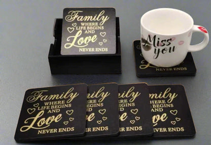 Family Write Up Wooden Cup Coaster Set | 6pcs with Stand | Black & White Dining Room Decor