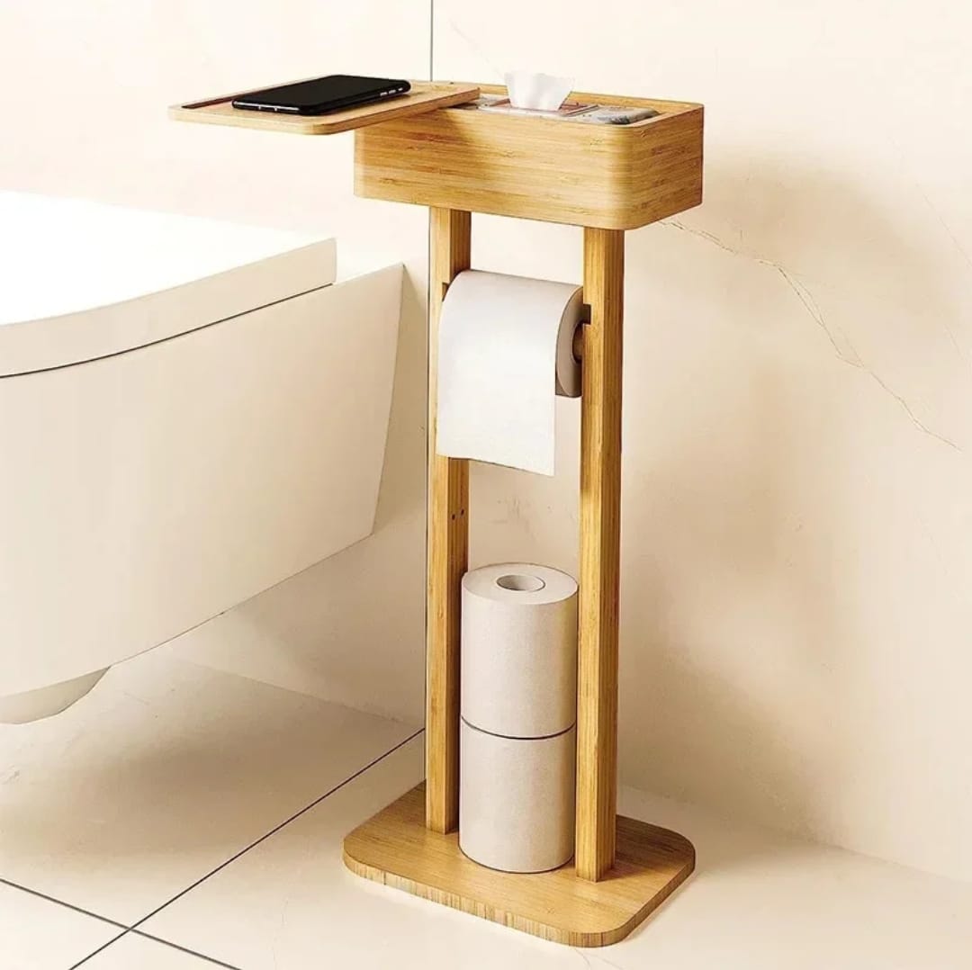 4-in-1 Eco-Friendly Bamboo Tissue Holder with Upper Storage and Phone Placement | Home & Office Use | Bathroom Toilet Accessories