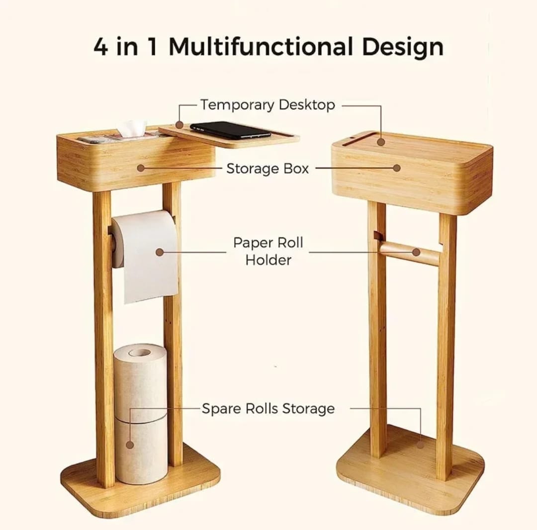 4-in-1 Eco-Friendly Bamboo Tissue Holder with Upper Storage and Phone Placement | Home & Office Use | Bathroom Toilet Accessories