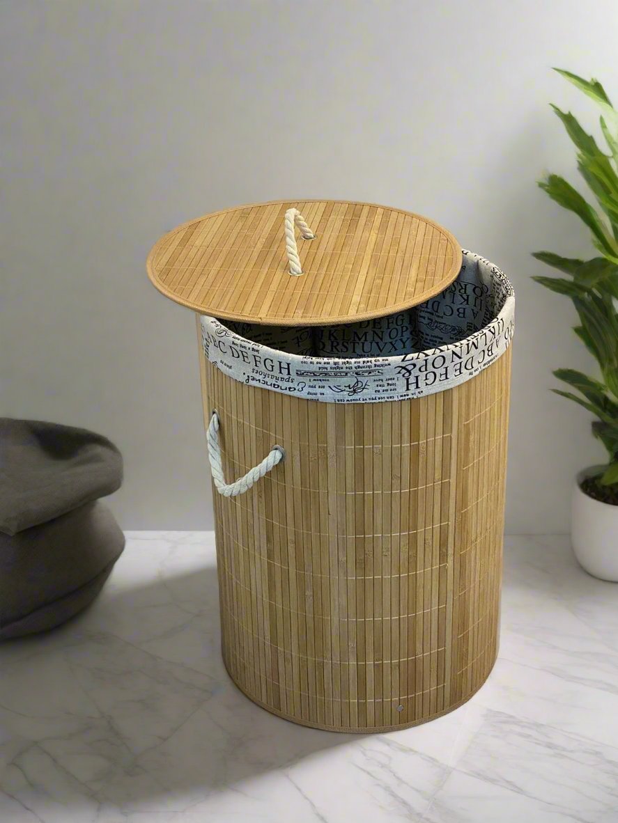 Eco-Friendly Round- Shaped Bamboo Bathroom & Bedroom Laundry Basket | Round Bamboo Laundry Bin Basket  | Laundry Towels Storage Bins