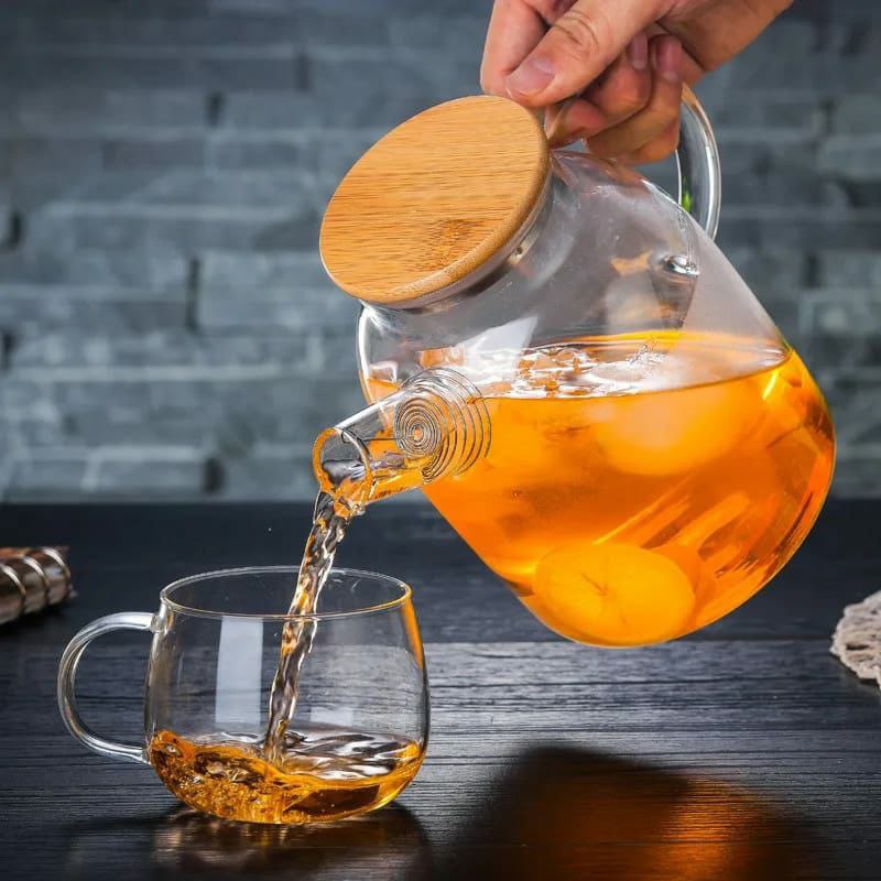 High-quality Borosilicate Glass Teapot  with a Wooden Lid - 1000ml Capacity