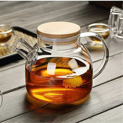 High-quality Borosilicate Glass Teapot  with a Wooden Lid - 1000ml Capacity