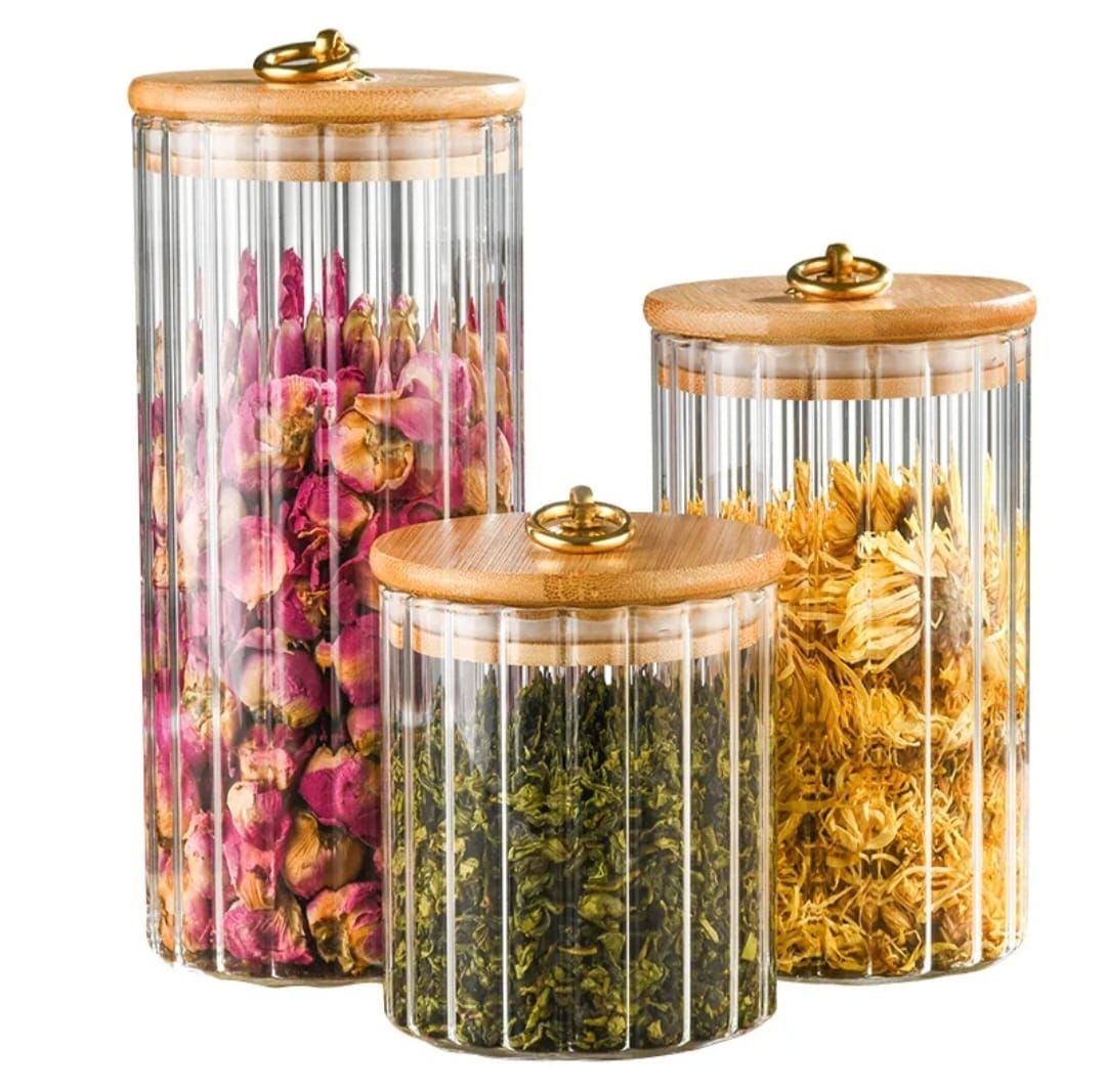 3-Piece Set Glass Storage Jars with Airtight Bamboo Lids | Candy, Cookies, Pasta, Nuts, Oatmeal | Ideal for Coffee Bar &  Kitchen