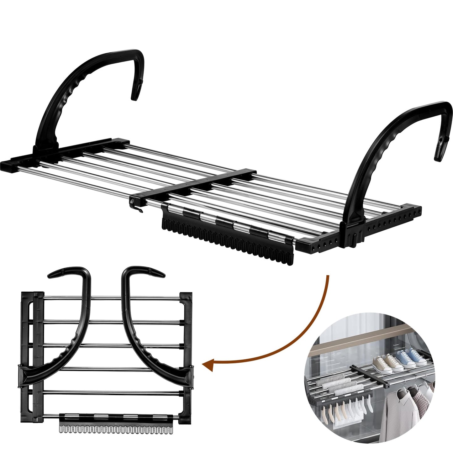 Foldable Clothes Multipurpose Drying Rack Stainless Steel for Balcony Bedroom Drying Shoes Clothes Towel Organizer Window Shoe Storage Shelf |   Stretchable Size: 50cm-80cm