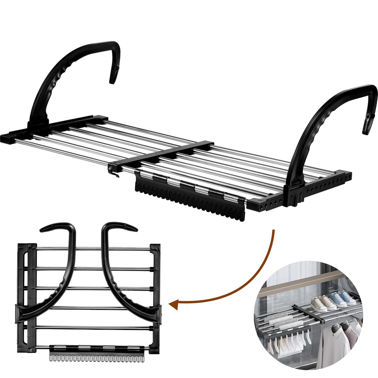 Foldable Clothes Multifunctional Drying Rack Stainless Steel for Balcony Bedroom Drying Shoes Clothes Towel Organizer Window Shoe Storage Shelf | Stretchable Size: 75cm - 120cm