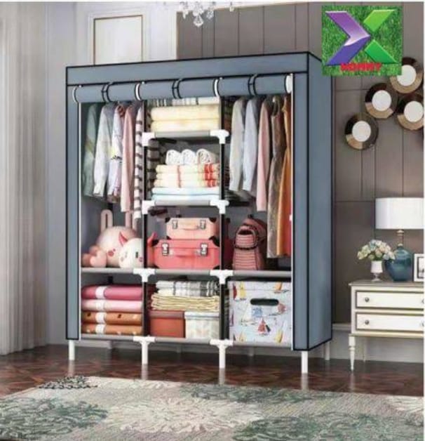 3 Column Wooden Wardrobes | Portable Non Woven Fabric Assemble Wardrobe with Steel Frame | 3 Door Moisture Proof Thickened Bedroom Wardrobe