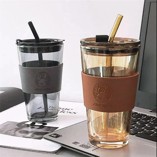 High Borosilicate Glass Tumbler with Straw and Leather Protective Sleeve