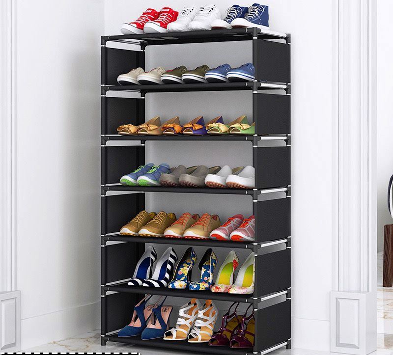 7 Tier Shoe Rack  | Metal Steel & Non Woven Storage Rack in Black and Grey