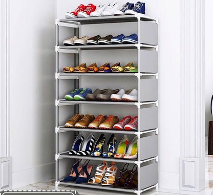 7 Tier Shoe Rack  | Metal Steel & Non Woven Storage Rack in Black and Grey