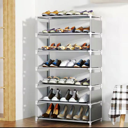 7 Tier Shoe Rack  | Metal Steel & Non Woven Storage Rack in Black and Grey