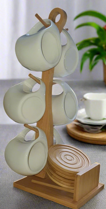 Fashion Ceramic Cups Set – 6 x 200ml with Wooden Bamboo Stand and Coasters