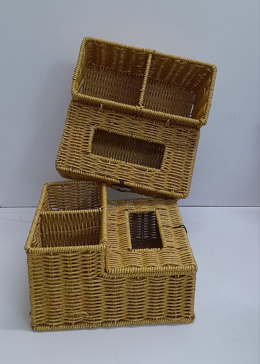 3 Slot Rattan Storage Organizer with Serviette Holder | Elegant and Functional Tabletop Solution