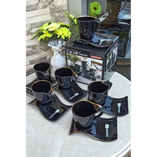 Shapely Cup and Saucer Set | 12 Piece Black with Gold Rim | 450cc Capacity