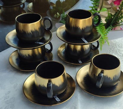 Classy Cup & Saucer Set | 6 Cups & 6 Saucers | 220cc Capacity | Black with Gold Rim