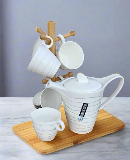 White Tea Set with Bamboo Stand | Kettle 1100ml | Cup Capacity 270cc | Perfect For Tea Time At Home Or In An Office Setting