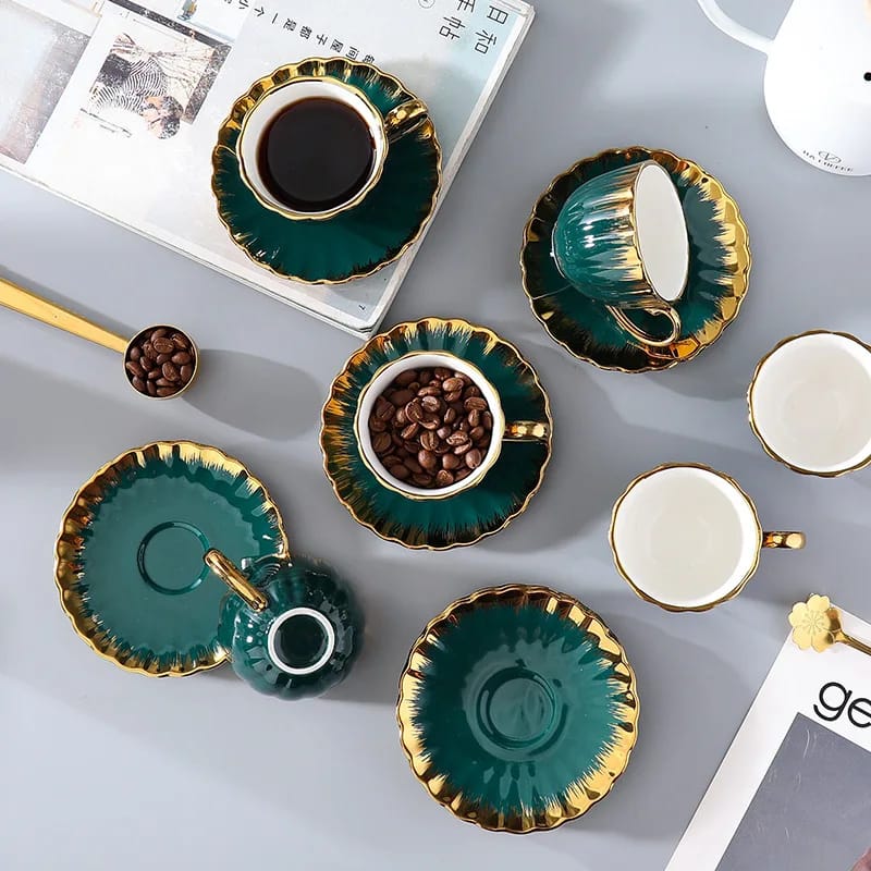 Green Tea Set with Gold Rim | 6 Cups & Saucers | 1 Kettle | Unique and Classy |  Includes Cups, Saucers, & A Kettle