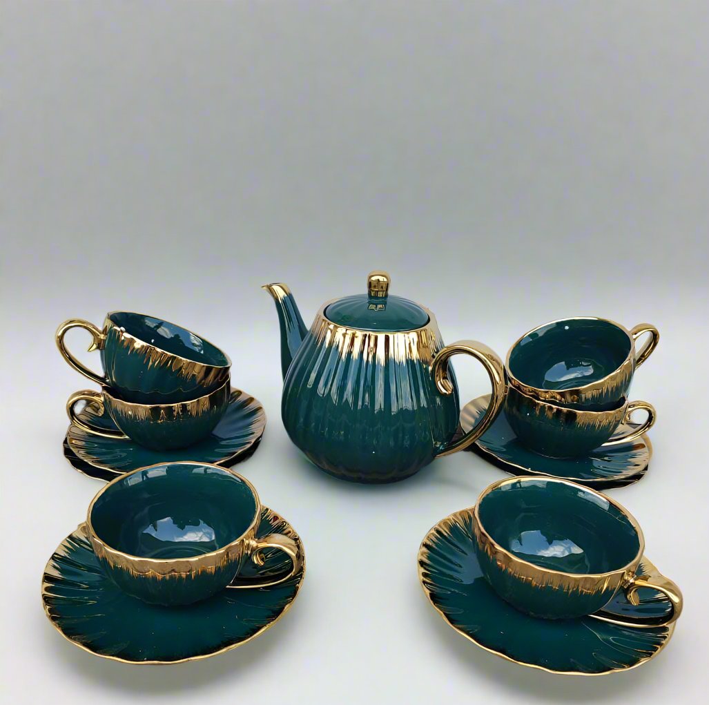 Green Tea Set with Gold Rim | 6 Cups & Saucers | 1 Kettle | Unique and Classy |  Includes Cups, Saucers, & A Kettle