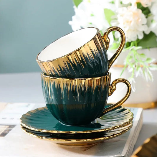 Green Tea Set with Gold Rim | 6 Cups & Saucers | 1 Kettle | Unique and Classy |  Includes Cups, Saucers, & A Kettle