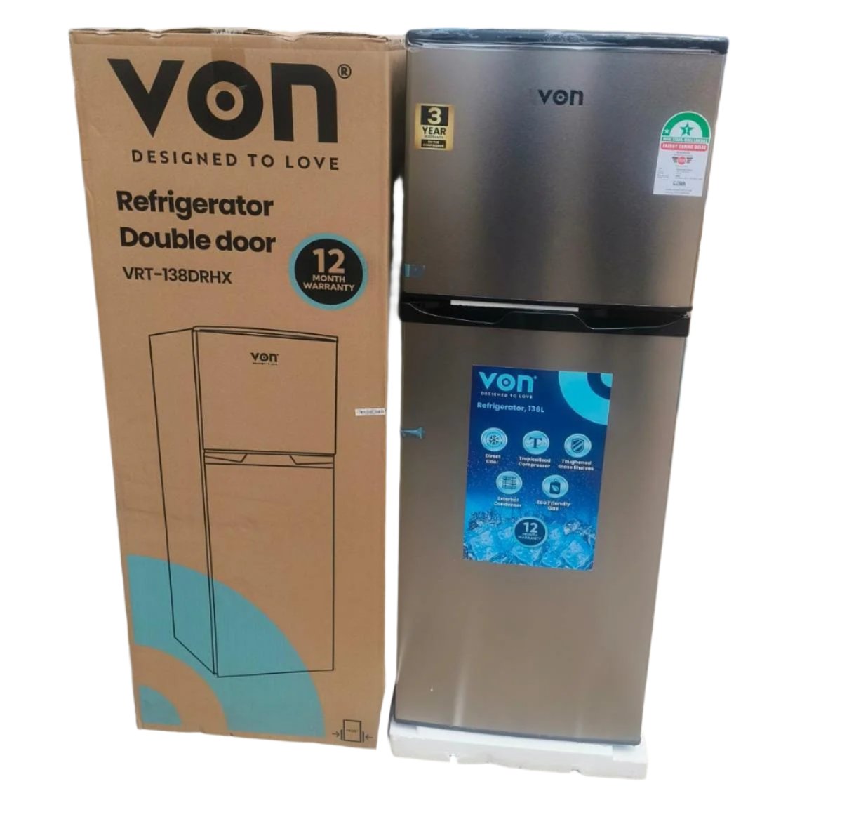 VON VRT 138DRHX Double Door Refrigerator – Efficient and Stylish Cooling Solution