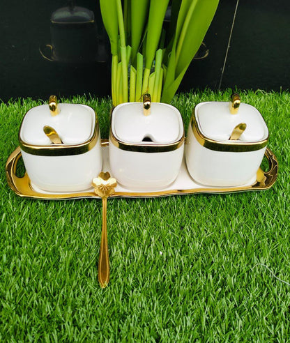 Nordic Luxurious Ceramic Sugar Spice Dish Set | Set of 3 | Includes 3 Gold Tea Spoons & Tray | White Gold & Green Gold