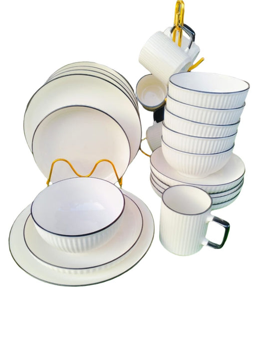 24 Piece White Ceramic Dinner Set with Black Rim | 6 Dinner Plates, 6 Medium Plates, 6 Bowls, 6 Mugs