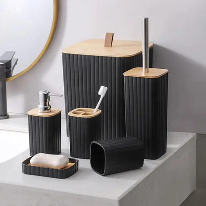 6pcs EcoFriendly Plastic Bamboo Bathroom Accessories Set  | Soap Dispenser, Toothbrush Holder Kit (Black, White, Grey)