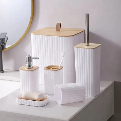 6pcs EcoFriendly Plastic Bamboo Bathroom Accessories Set  | Soap Dispenser, Toothbrush Holder Kit (Black, White, Grey)