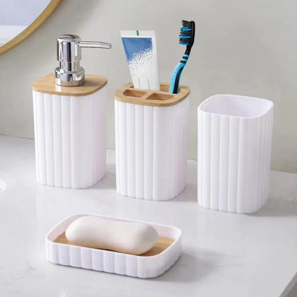 6pcs EcoFriendly Plastic Bamboo Bathroom Accessories Set  | Soap Dispenser, Toothbrush Holder Kit (Black, White, Grey)