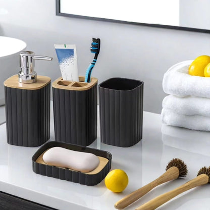 6pcs EcoFriendly Plastic Bamboo Bathroom Accessories Set  | Soap Dispenser, Toothbrush Holder Kit (Black, White, Grey)