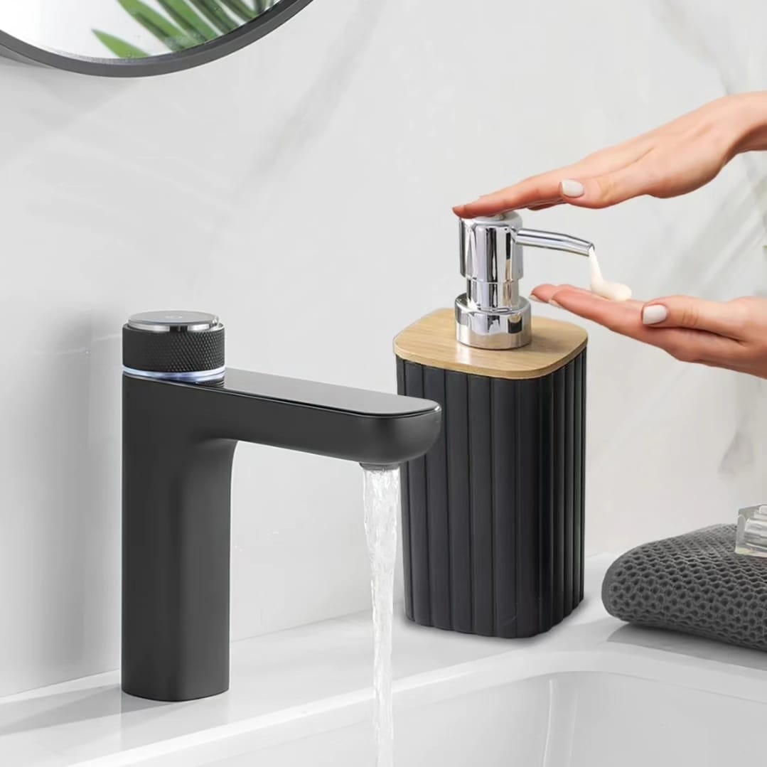 6pcs EcoFriendly Plastic Bamboo Bathroom Accessories Set  | Soap Dispenser, Toothbrush Holder Kit (Black, White, Grey)