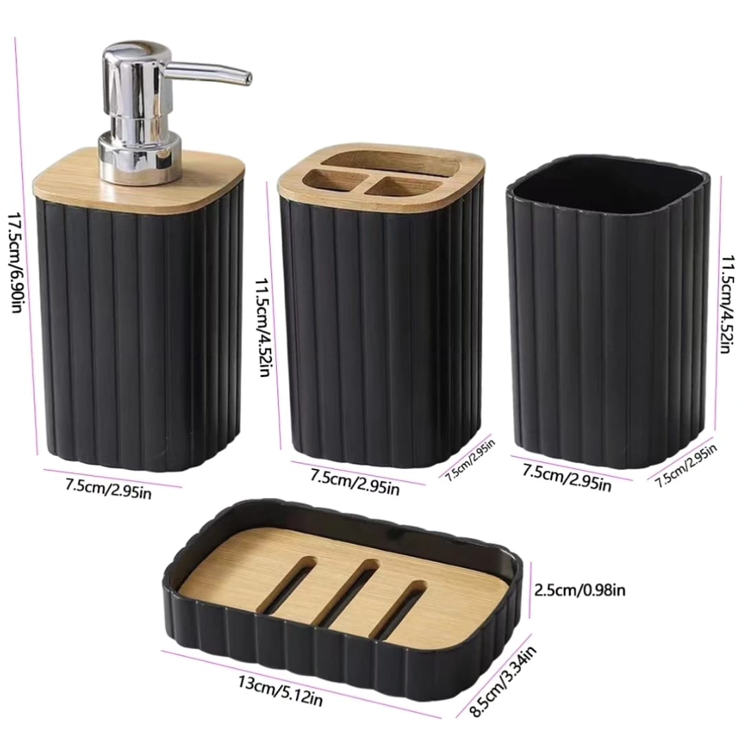 6pcs EcoFriendly Plastic Bamboo Bathroom Accessories Set  | Soap Dispenser, Toothbrush Holder Kit (Black, White, Grey)