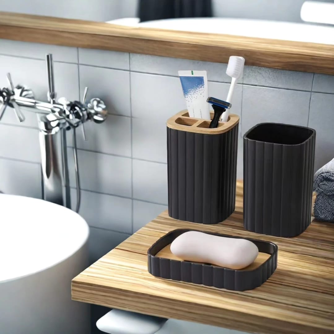 6pcs EcoFriendly Plastic Bamboo Bathroom Accessories Set  | Soap Dispenser, Toothbrush Holder Kit (Black, White, Grey)