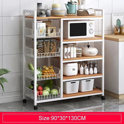 Multifunctional Strong Metallic Kitchen Rack with Movable & Lockable Wheels | 130x90x30cm (Black, White)